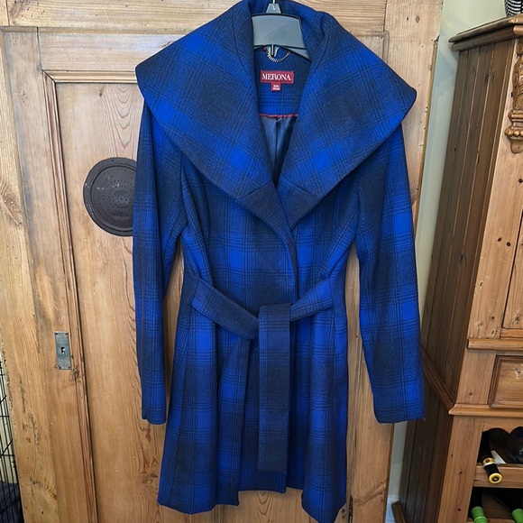 Women's Merona Blue Wool Plaid Coat - Picture 1 of 13